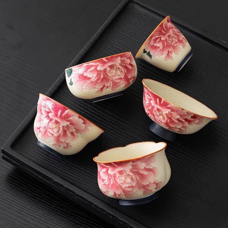 Contemporary Ru Yao & Peony & Lohan Teacup, Pink Ru Yao Gongfu Tea Cup