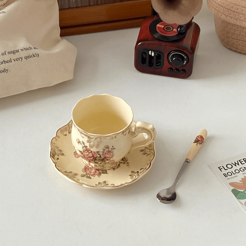 French Cream-Colored Rose Ceramic Coffee Cup and Saucer Set - Afternoon Tea Hostess Gift