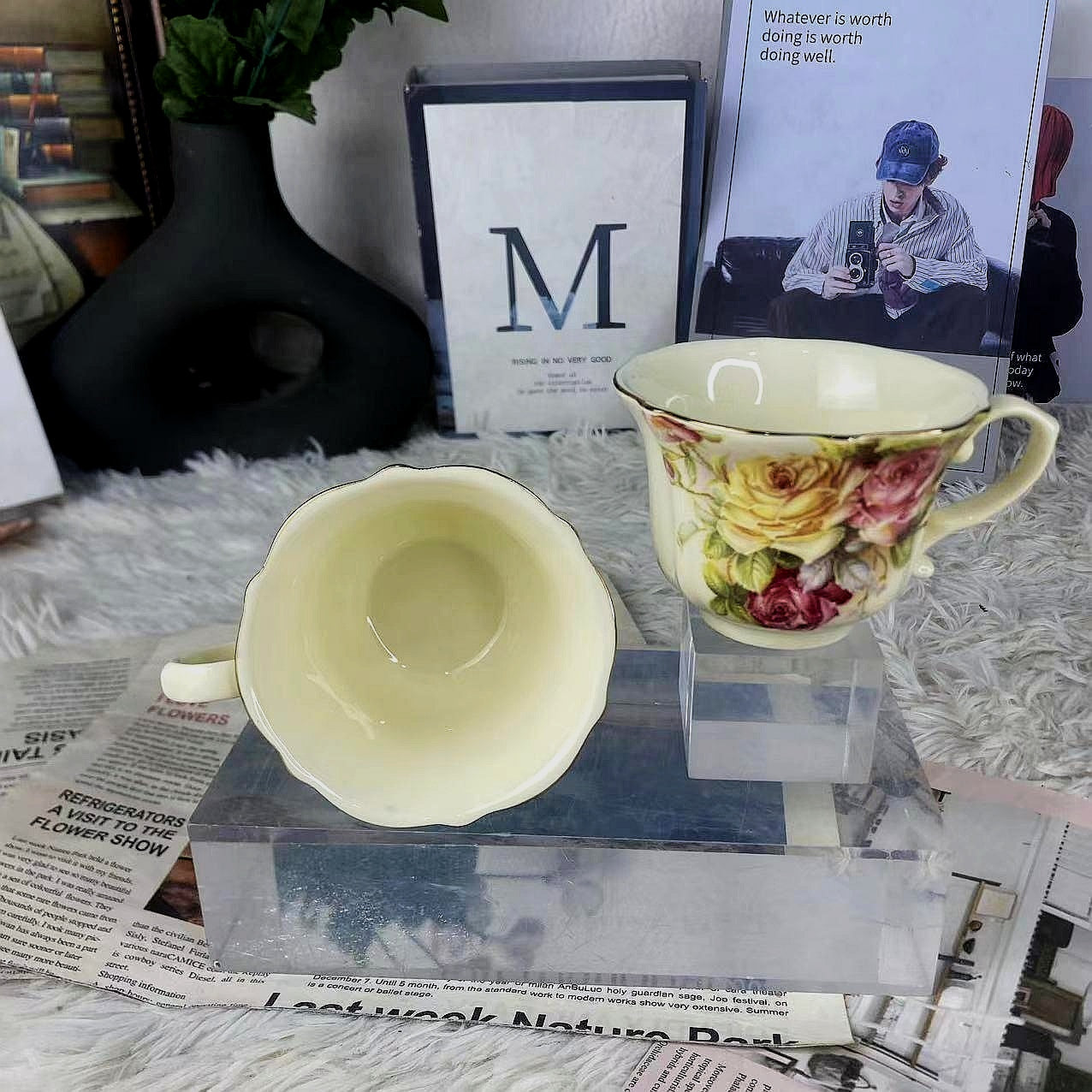 Ivory Yellow Embossed Mug,European Vintage Coffee Cup, Old Country Roses with Gold Trim