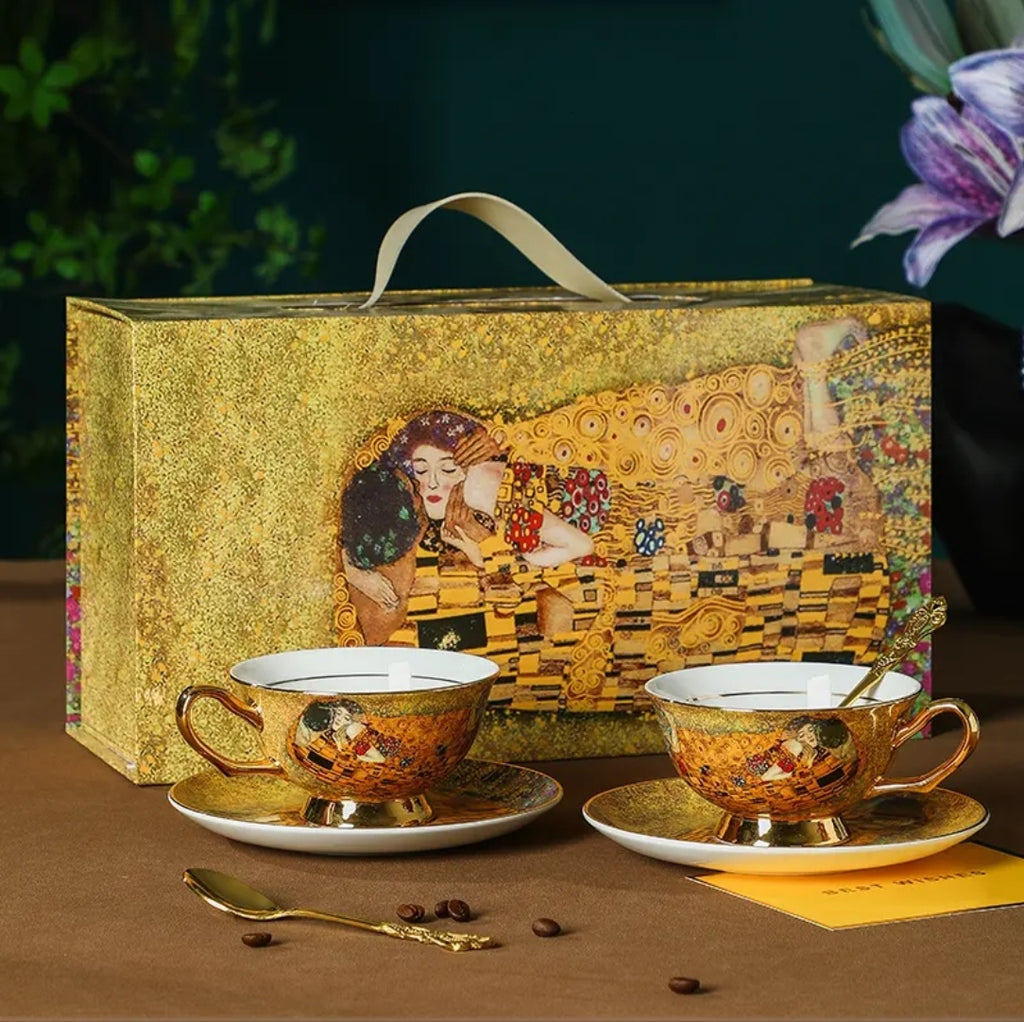 European Vintage Bone China Coffee & Tea Cup - Hand-Painted Gold Famous Painting Gift Box - Water Glass