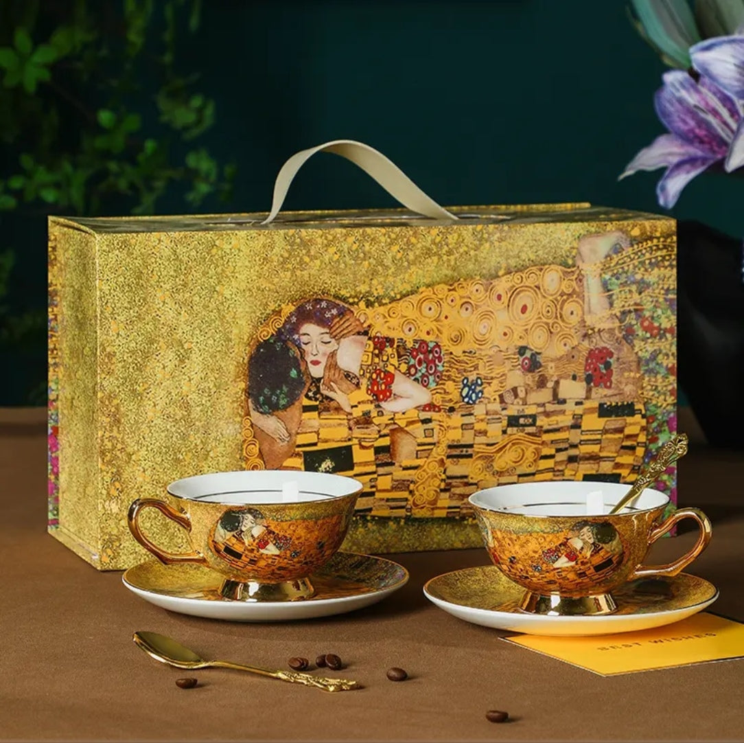 European Vintage Bone China Coffee & Tea Cup - Hand-Painted Gold Famous Painting Gift Box - Water Glass