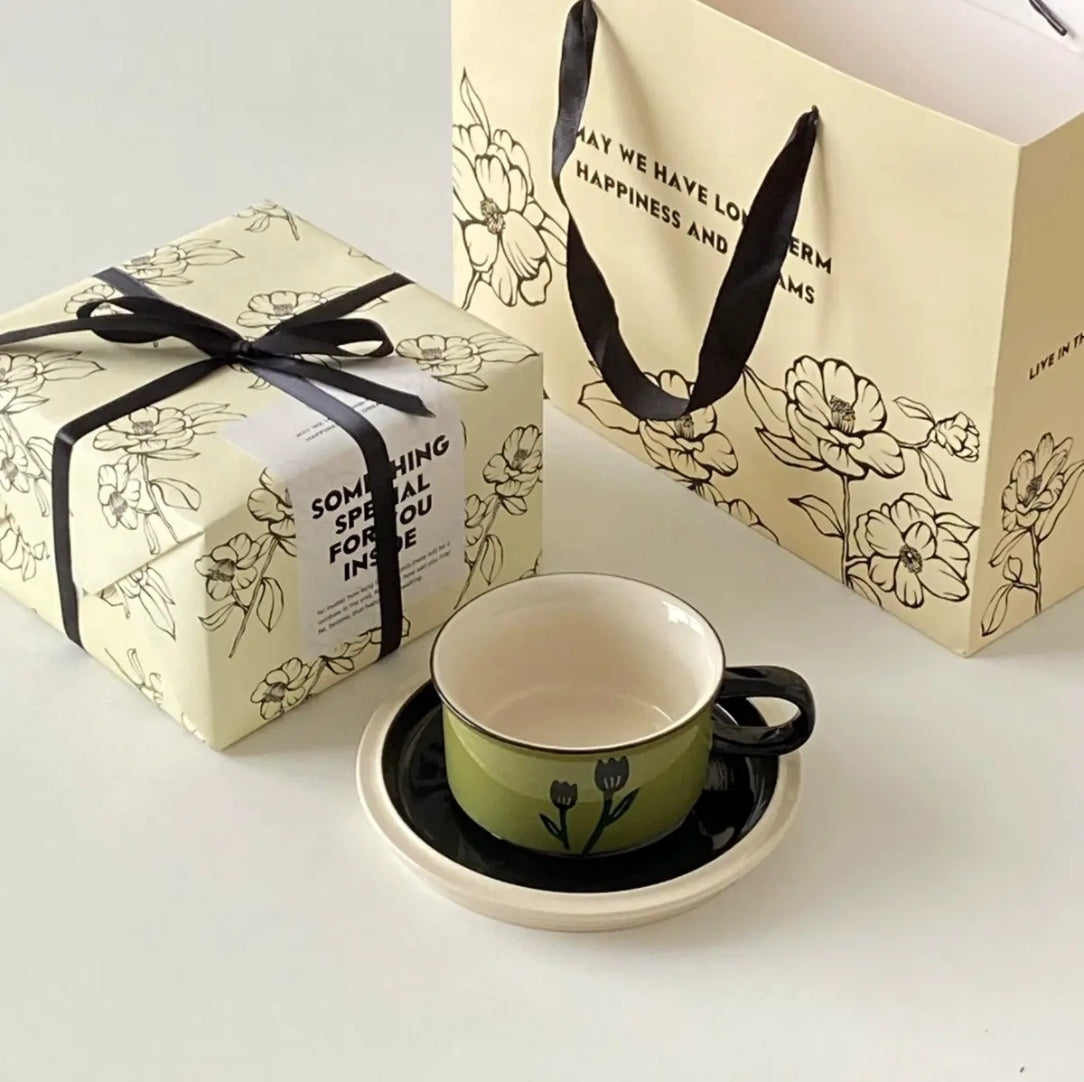 Elegant Hand-Painted Tulip Ceramic Afternoon Tea Cup and Saucer Set - Coffee Cup Gift Box | BFF