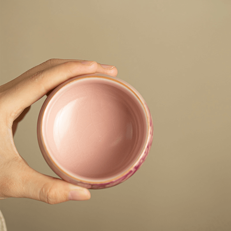 Contemporary Ru Yao & Peony & Lohan Teacup, Pink Ru Yao Gongfu Tea Cup