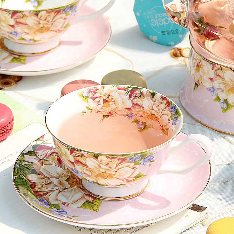 Bone China Cup and Saucer, Pink Coffee Cup and Teacup, Luxury European Style Set