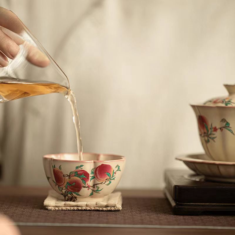Lard（Jadeite）Glaze Peach Blossom Teacup, Nine Peaches Design-Ceramic Gongfu Tea Cup