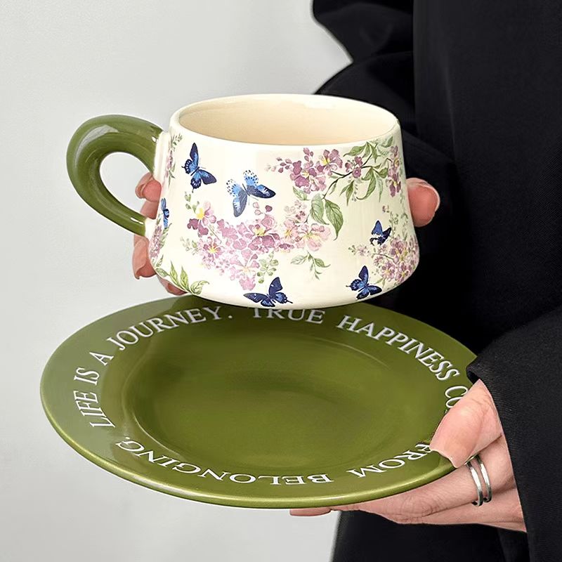 Green Crape Myrtle Coffee Set, Vintage Color-Block Mug & Saucer