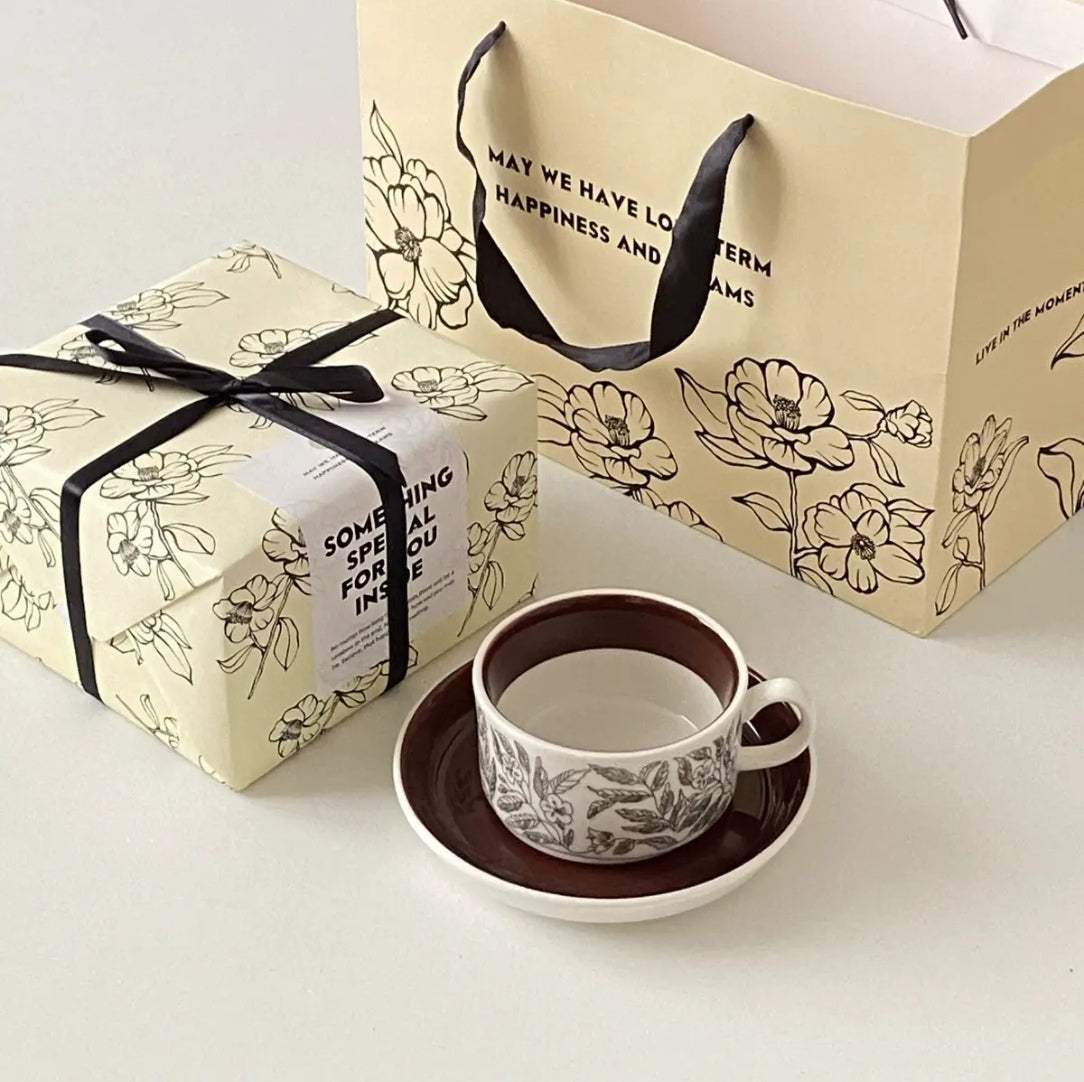 Vintage Brown Hibiscus Ceramic Cup and Saucer Set - Afternoon Tea Coffee Cup | Birthday Gift