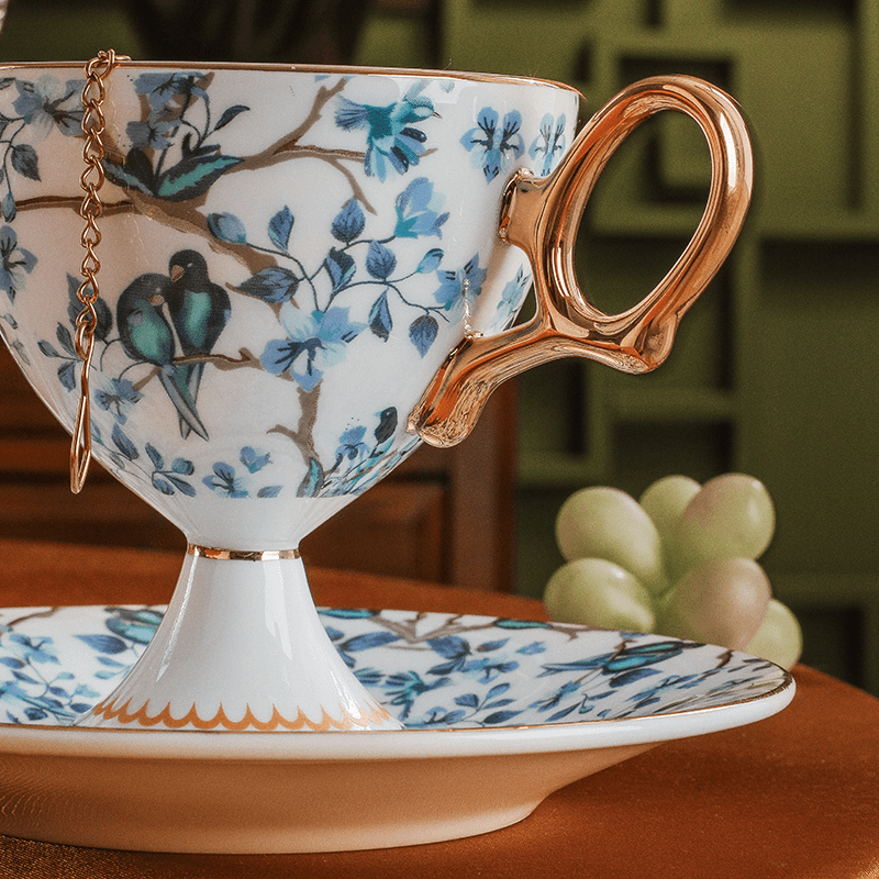 French Vintage Stemmed Bone China Coffee Cup, French Vintage Tea Cup with Floral Design