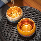 Handmade Fuzhou Lacquer Ceramic Tea Cup – Gradient Design with 24K Gold Bodhi Leaf – Artisan Master Cup