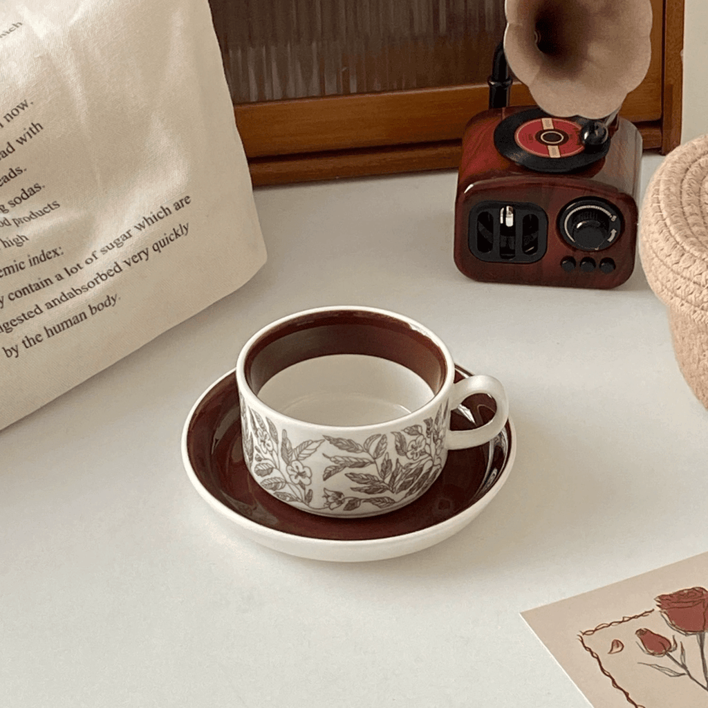 Vintage Brown Hibiscus Ceramic Cup and Saucer Set - Afternoon Tea Coffee Cup | Birthday Gift
