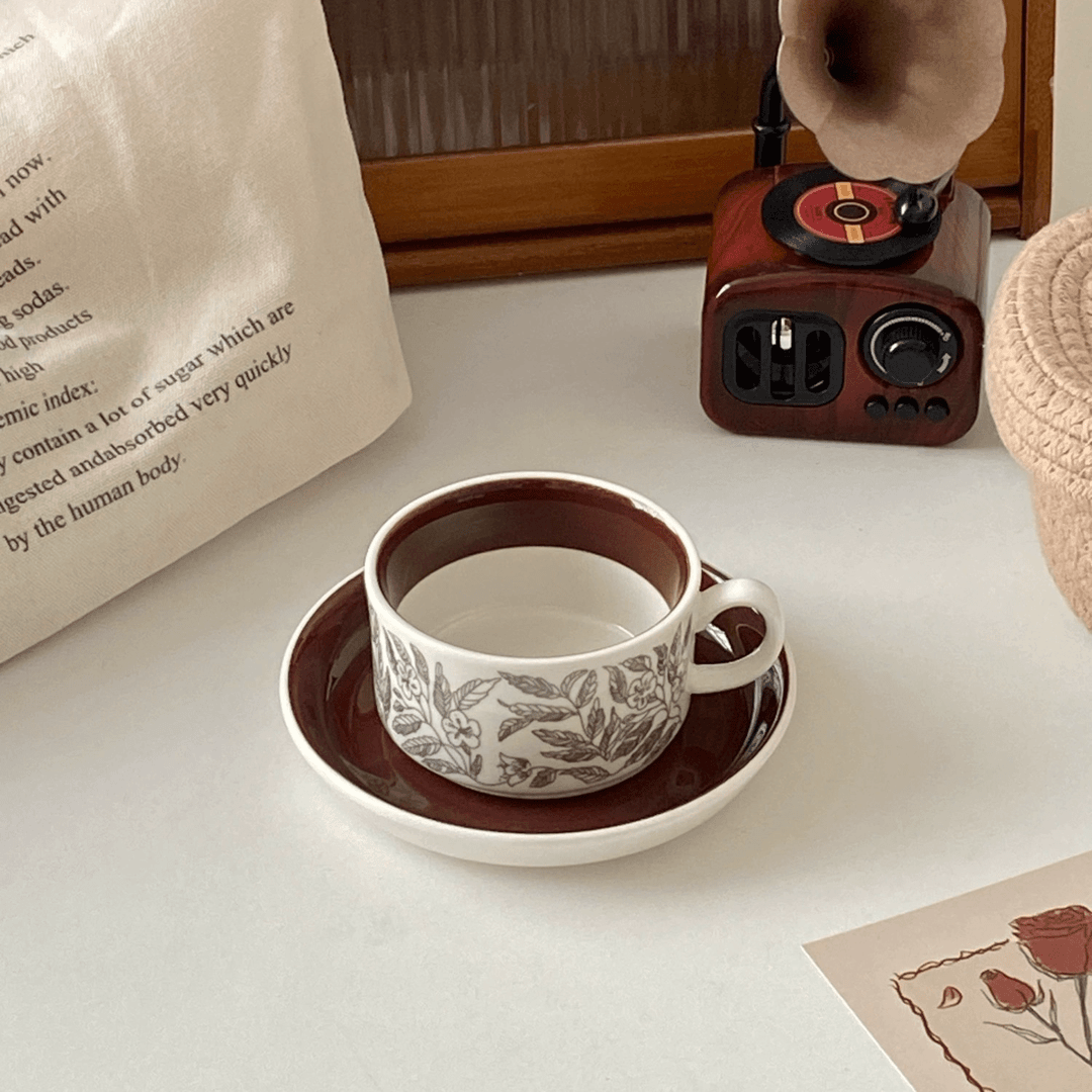 Vintage Brown Hibiscus Ceramic Cup and Saucer Set - Afternoon Tea Coffee Cup | Birthday Gift