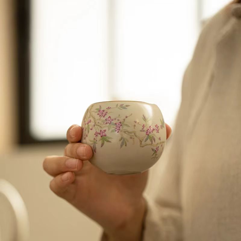 Contemporary Ru Yao Peach Blossom Egg Teacup, Yellow-Glazed Small Gongfu Tea Cup