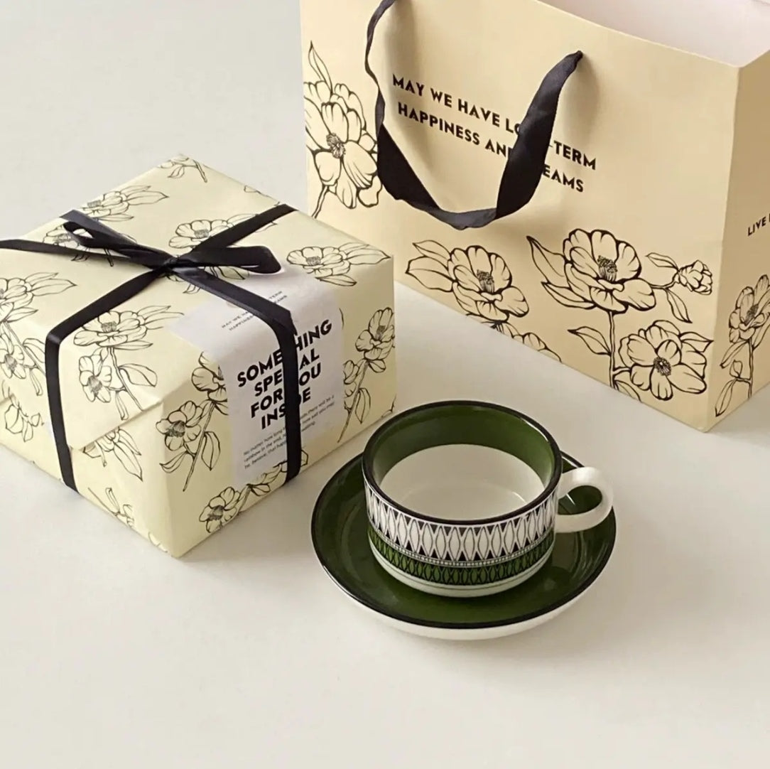 Vintage Green Coffee Cup Saucer Set - Birthday Gift for Her | BFF Hostess Afternoon Tea Mug