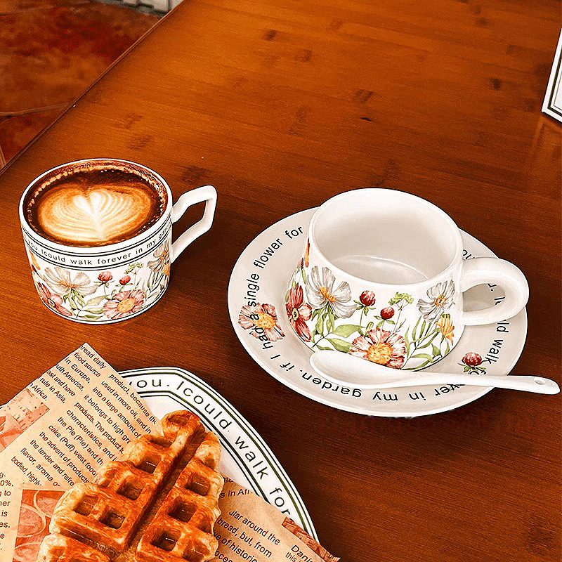 Cottagecore Mid-Century Freesia Coffee Mug Set, Hand-Painted Ceramic Cup & Saucer-Original Gift