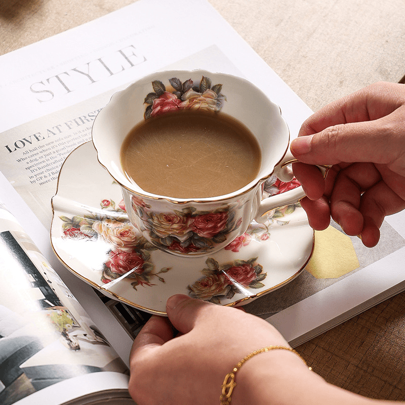 Aesthetic English Vintage Coffee Set, Gold Trim Ceramic Cup & Saucer-Afternoon Tea