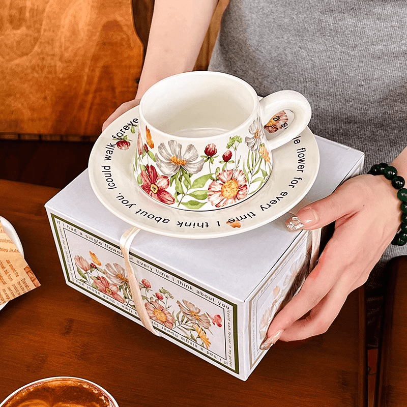 Cottagecore Mid-Century Freesia Coffee Mug Set, Hand-Painted Ceramic Cup & Saucer-Original Gift