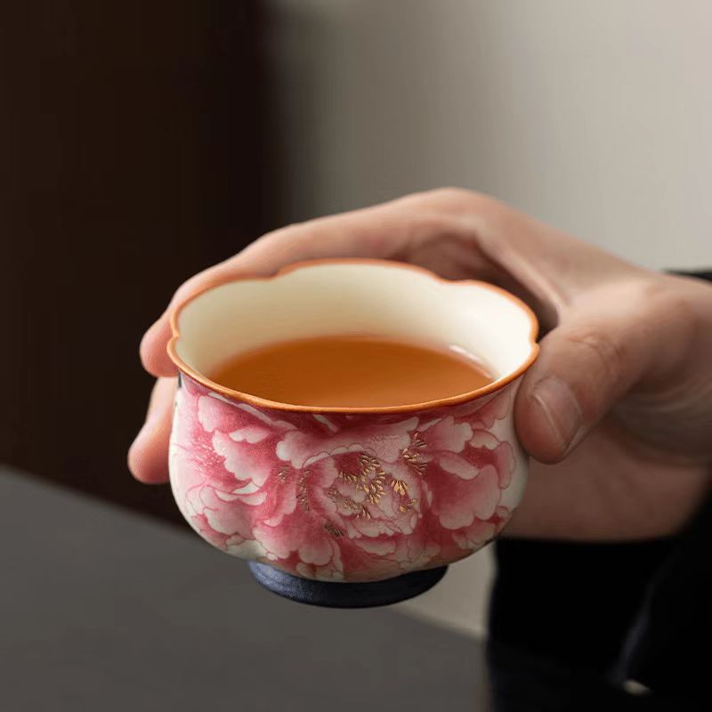 Contemporary Ru Yao & Peony & Lohan Teacup, Pink Ru Yao Gongfu Tea Cup