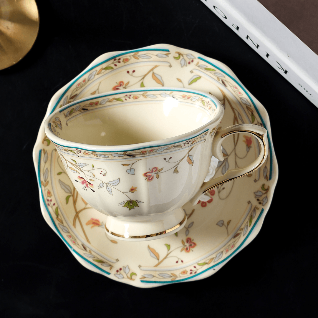European Cottagecore Coffee Cup & Saucer, Floral Gold Trim Vintage Set
