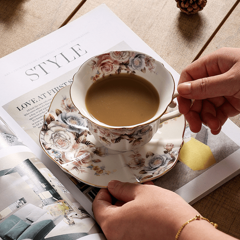 Soft-Colored European Vintage Coffee Set, Subtle Floral Gold Trim Cup & Saucer