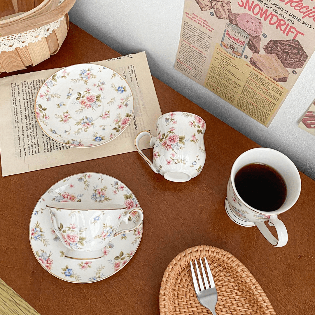 Cottagecore English Vintage Coffee Set, Sprig Print Gold Rim Cup & Saucer