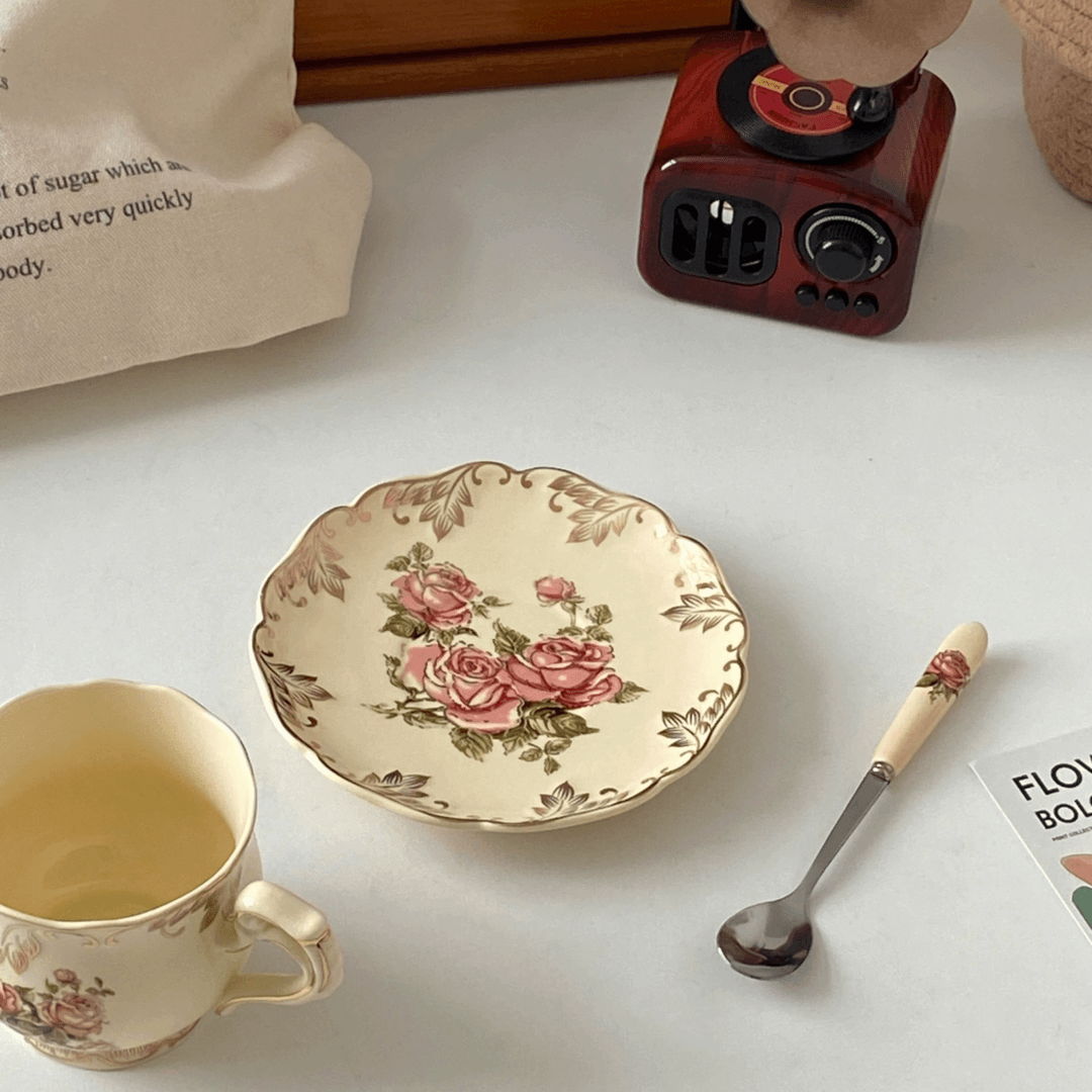 French Cream-Colored Rose Ceramic Coffee Cup and Saucer Set - Afternoon Tea Hostess Gift