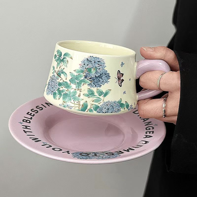 Purple Hydrangea Coffee Set, Vintage Ceramic Mug & Saucer-Original Design，Afternoon Tea
