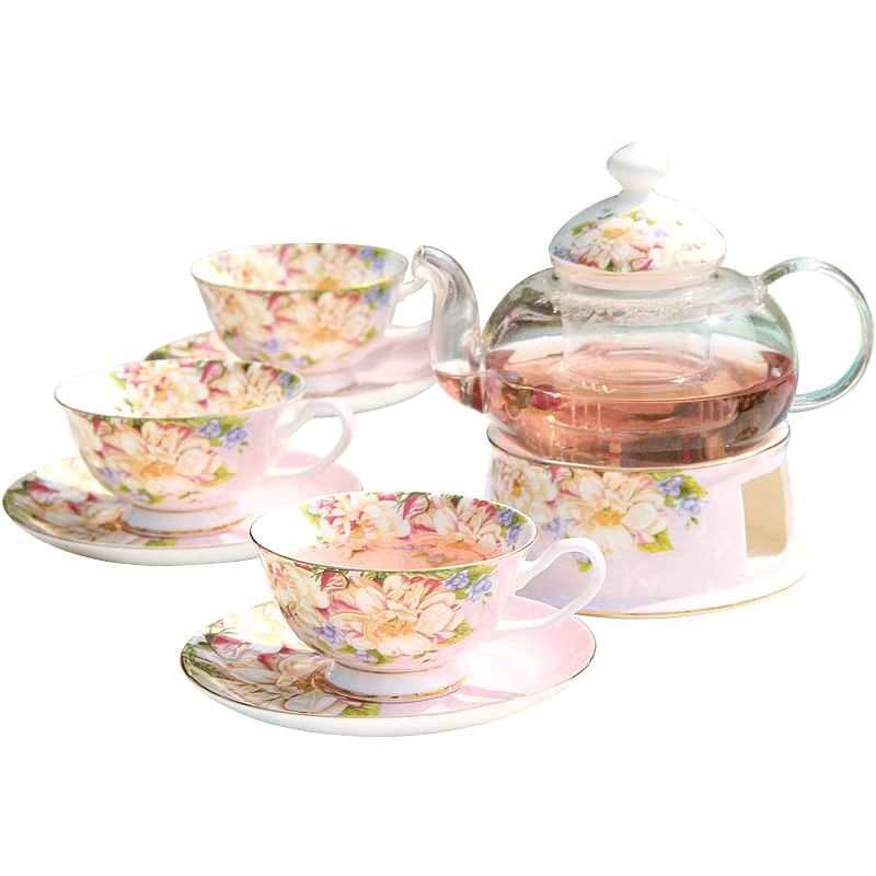 Ceramic Teapot Set with Warmer, Floral Tea Cups for Fruit Tea, English Afternoon Tea Set