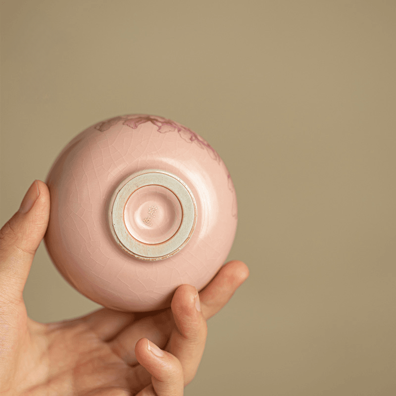 Contemporary Ru Yao & Peony & Lohan Teacup, Pink Ru Yao Gongfu Tea Cup