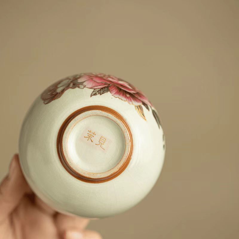 Gold Peony Ru Yao Teacup, Contemporary Gongfu Tea Cup-Personal Use Tea Cup