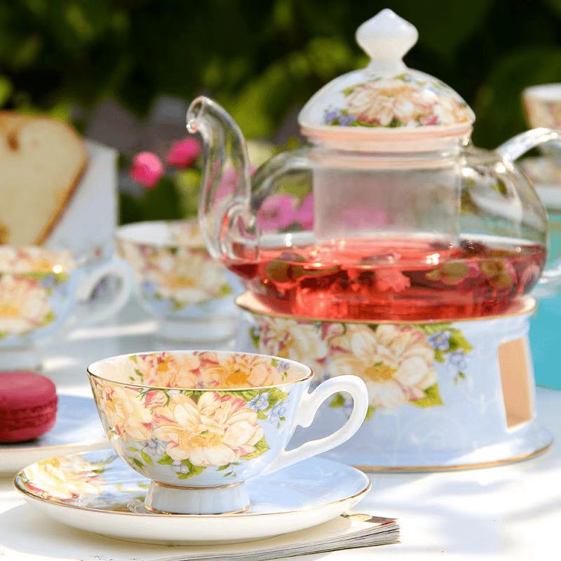 Ceramic Teapot Set with Warmer, Floral Tea Cups for Fruit Tea, English Afternoon Tea Set