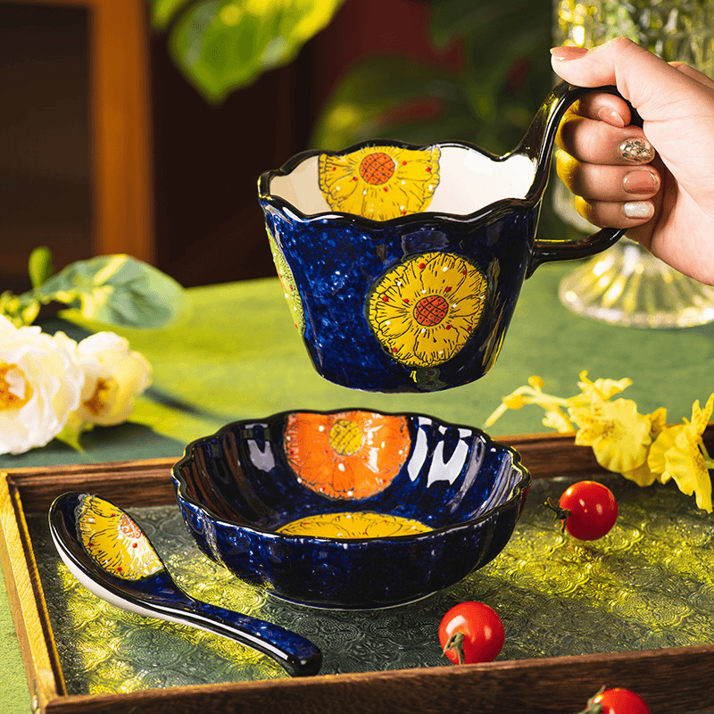 Matching Hand Painted Ceramic Mug Set, Comfortable Grip Coffee Cup for Home & Office