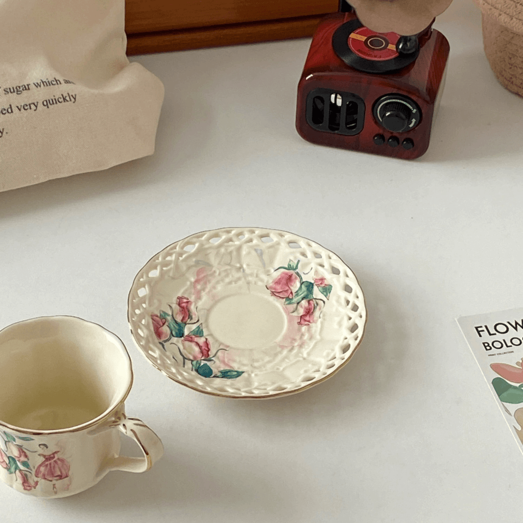 Vintage European Rose Trim Bone China Coffee Cup and Saucer Set - Afternoon Tea Gift Box | Elegant Hostess Gift Drinkware