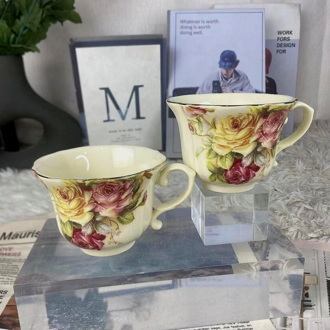 Ivory Yellow Embossed Mug,European Vintage Coffee Cup, Old Country Roses with Gold Trim