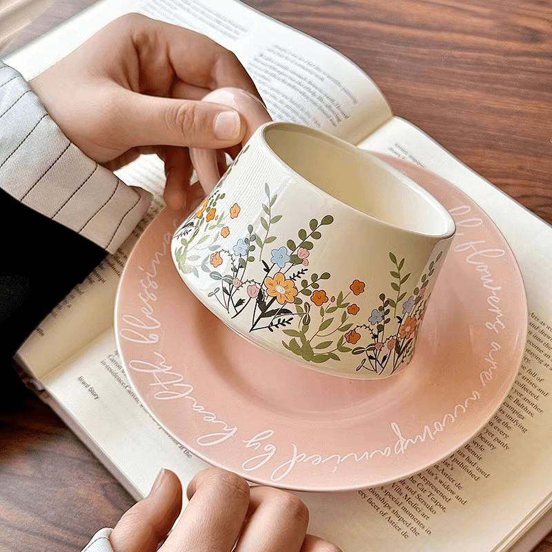 Pink Floral Coffee Set, Vintage Ceramic Mug & Saucer with Small Yellow Flowers