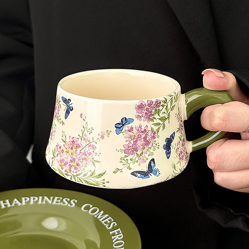 Green Crape Myrtle Coffee Set, Vintage Color-Block Mug & Saucer