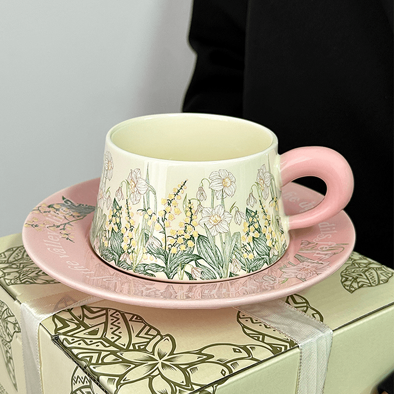 Original Bell Flower Coffee Mug with Pink Handle, Mid-Century Ceramic Cup & Saucer Design