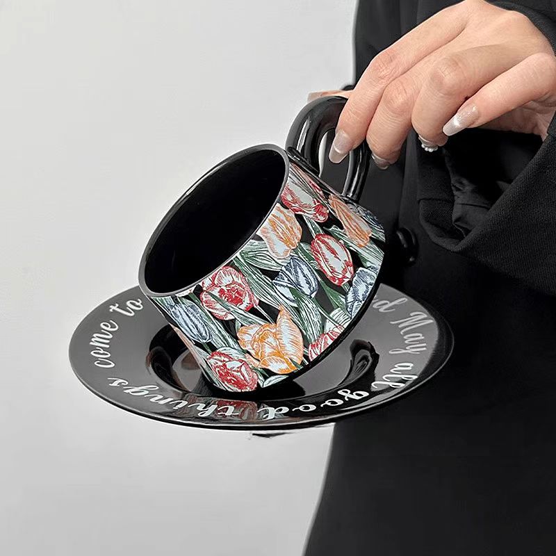 Black Tulip Coffee Set, Ceramic Mug & Saucer, Luxury Gift & Home Decor-Elegant Coffee Cups