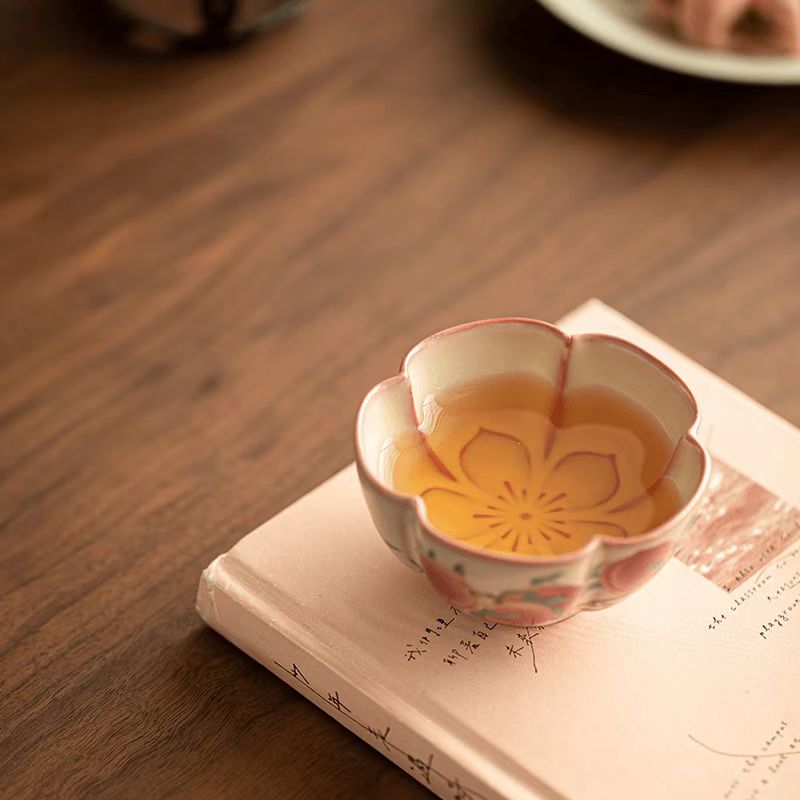 Lard（Jadeite）Glaze Peach Blossom Teacup, Nine Peaches Design-Ceramic Gongfu Tea Cup