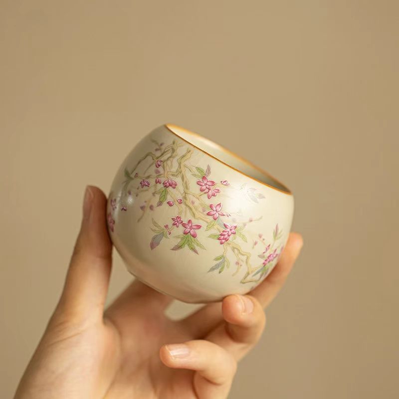 Contemporary Ru Yao Peach Blossom Egg Teacup, Yellow-Glazed Small Gongfu Tea Cup
