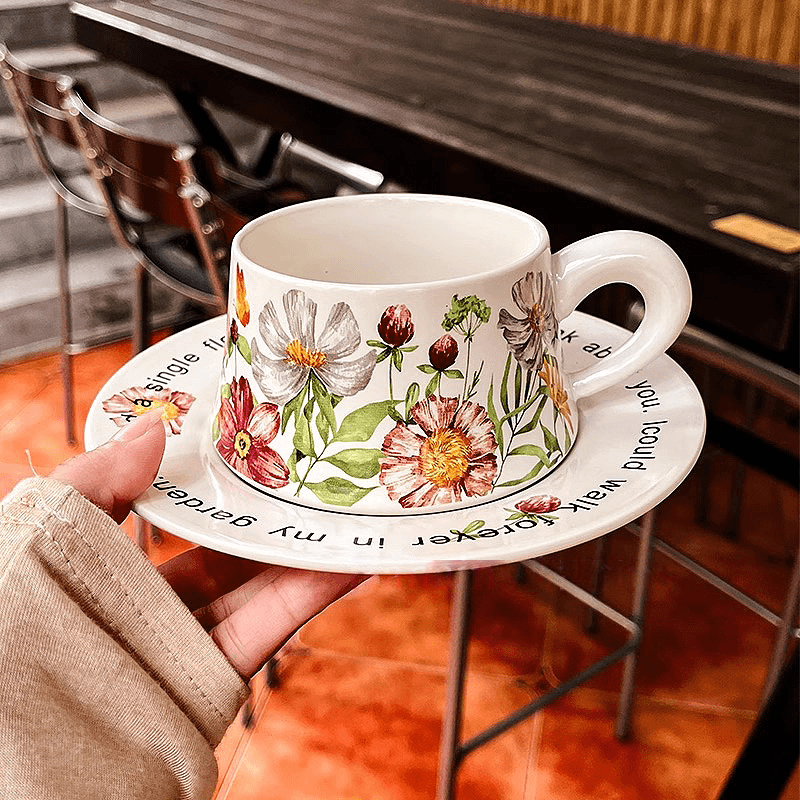 Cottagecore Mid-Century Freesia Coffee Mug Set, Hand-Painted Ceramic Cup & Saucer-Original Gift