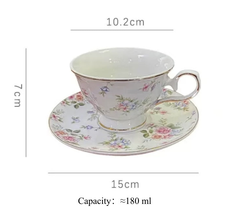 Cottagecore English Vintage Coffee Set, Sprig Print Gold Rim Cup & Saucer