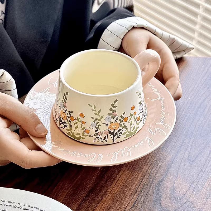 Pink Floral Coffee Set, Vintage Ceramic Mug & Saucer with Small Yellow Flowers
