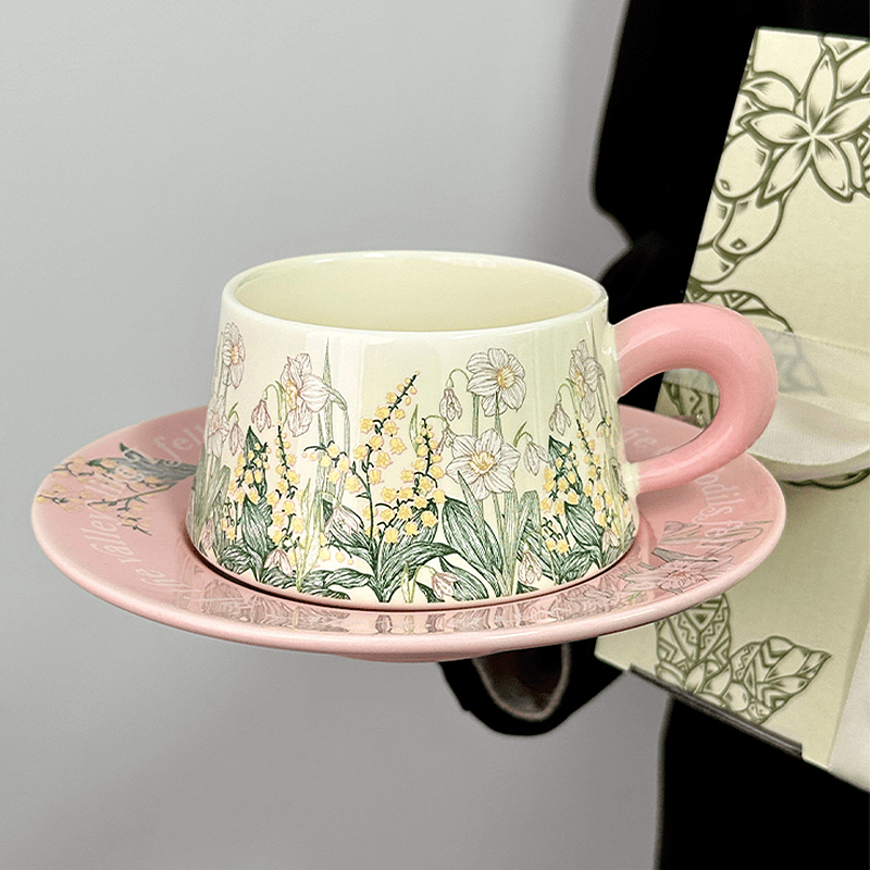 Original Bell Flower Coffee Mug with Pink Handle, Mid-Century Ceramic Cup & Saucer Design