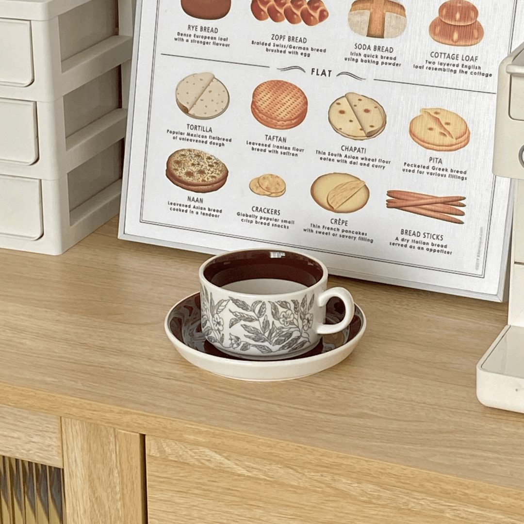 Vintage Brown Hibiscus Ceramic Cup and Saucer Set - Afternoon Tea Coffee Cup | Birthday Gift