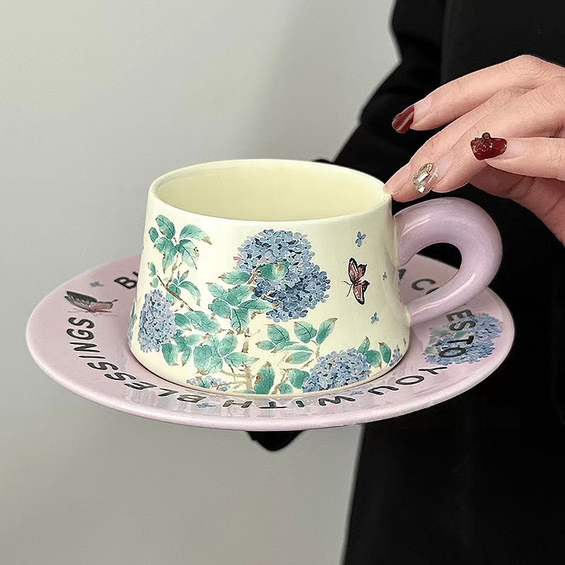 Purple Hydrangea Coffee Set, Vintage Ceramic Mug & Saucer-Original Design，Afternoon Tea