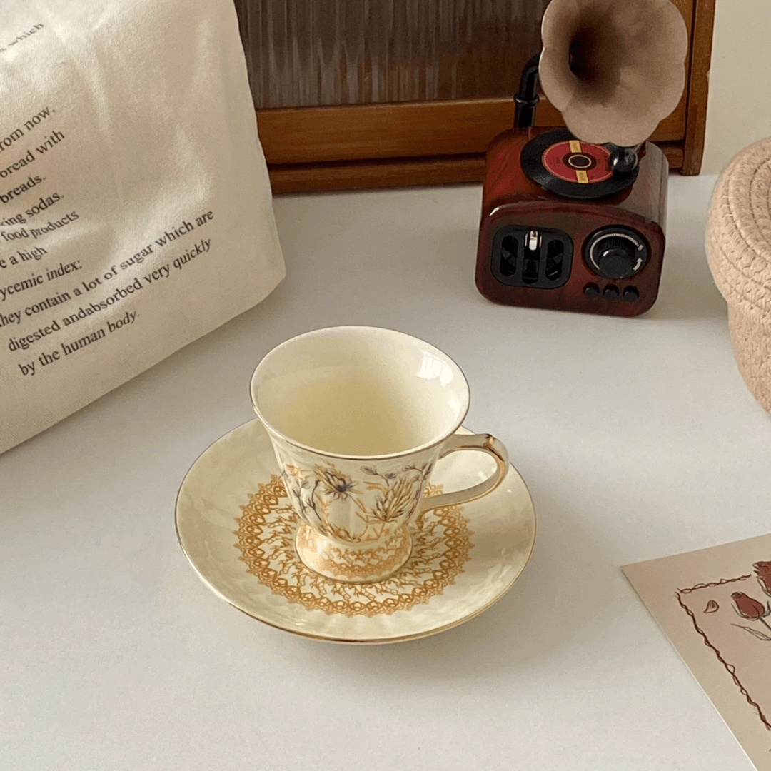 Vintage European Gold Wheat Ear Coffee Cup Saucer - English Afternoon Tea Birthday Gift for Her
