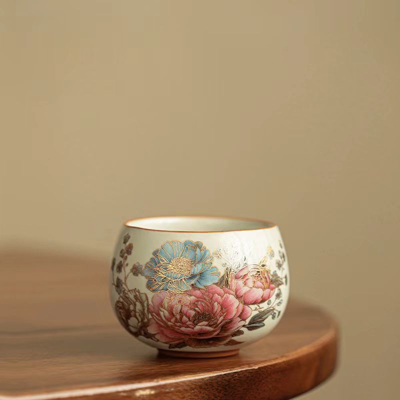 Gold Peony Ru Yao Teacup, Contemporary Gongfu Tea Cup-Personal Use Tea Cup