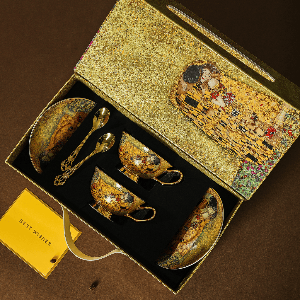 European Vintage Bone China Coffee & Tea Cup - Hand-Painted Gold Famous Painting Gift Box - Water Glass