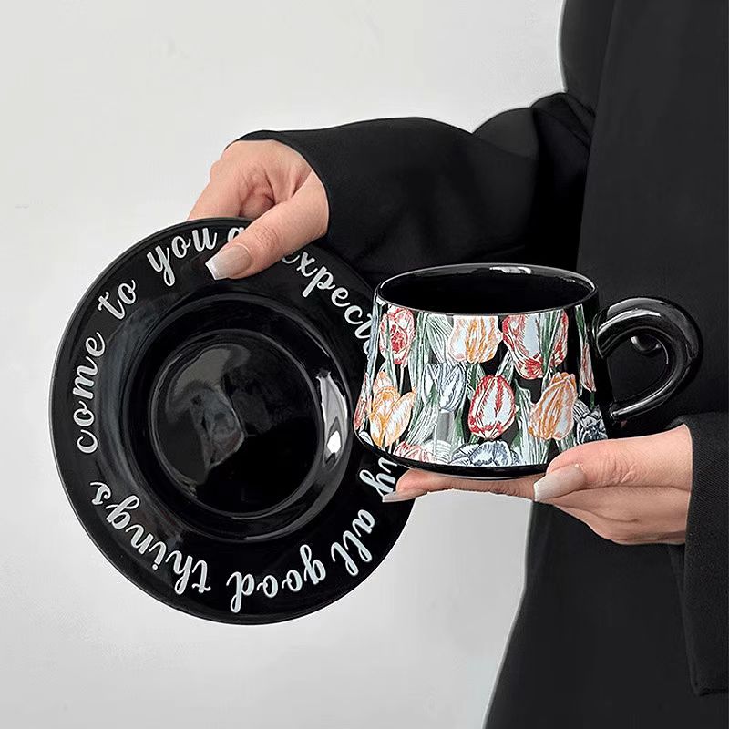 Black Tulip Coffee Set, Ceramic Mug & Saucer, Luxury Gift & Home Decor-Elegant Coffee Cups