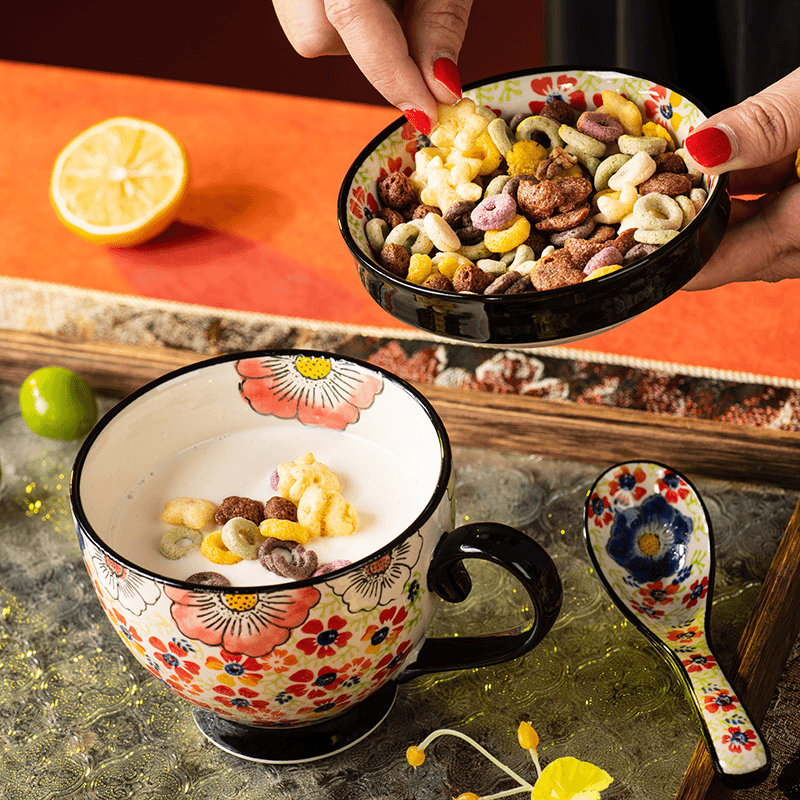 Large Capacity Enamel Mug, Milk & Oatmeal Breakfast Cup - Ceramic Home Drinkware